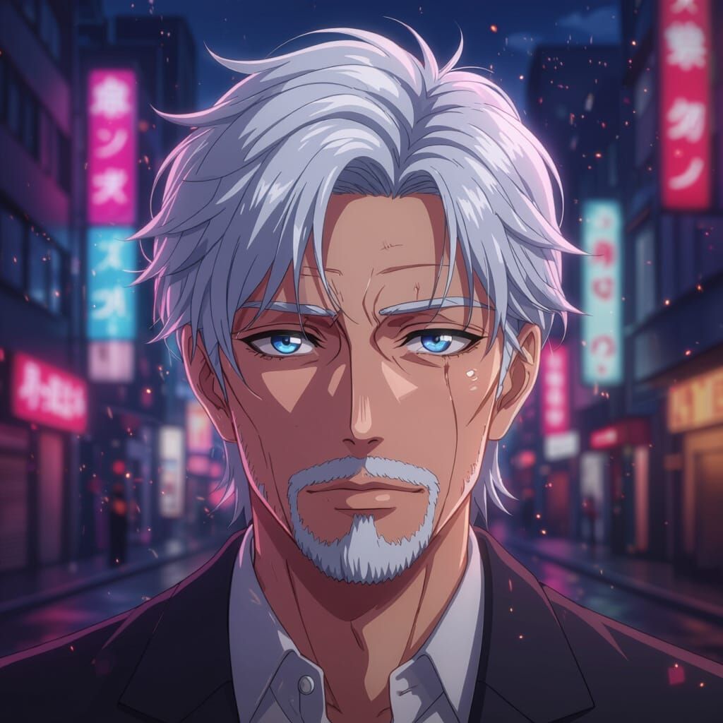 Anime Uncle Portrait in Neon City