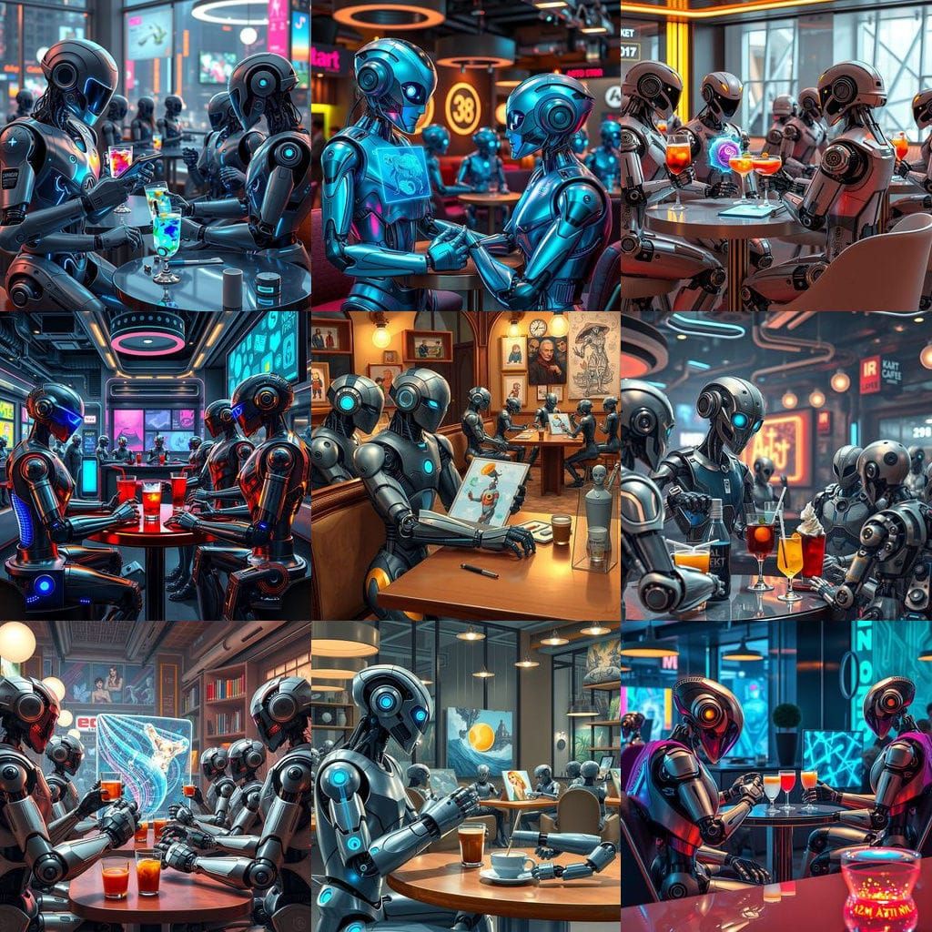 Robots Share AI Art in a Futuristic Cafe