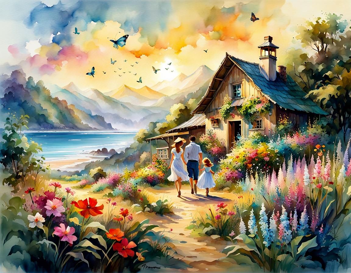 Happy Family on Tropical Beach in Watercolor Style