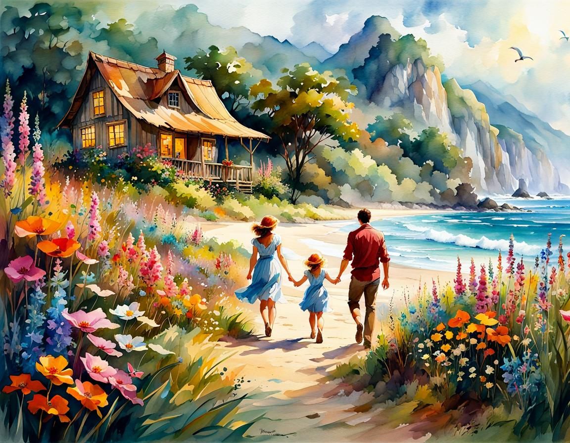 Family on Tropical Beach in Digital Watercolor Style