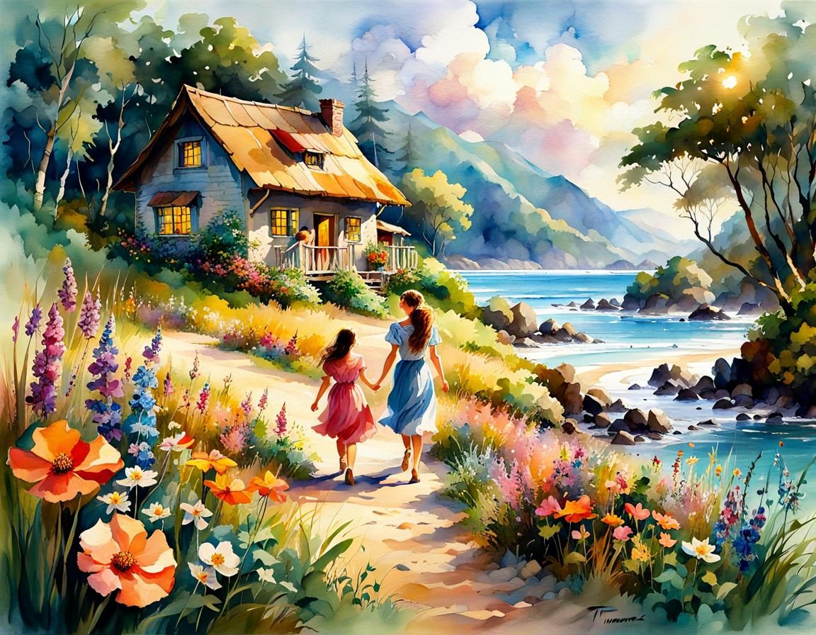 Tropical Beach Walk: Digital Watercolor Fantasy