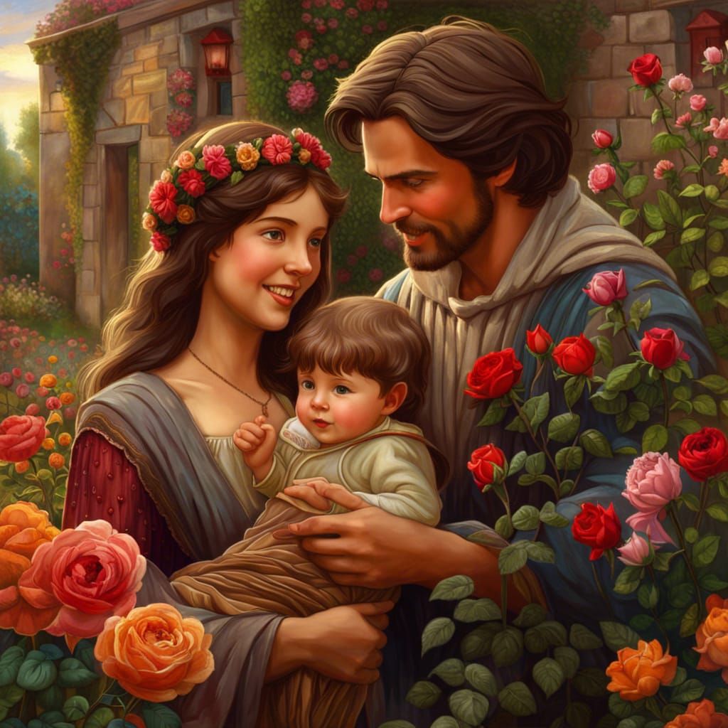 Medieval Family in Rose Garden, Waterhouse Style
