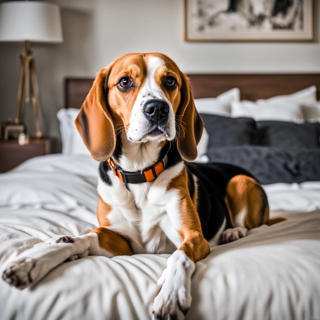 Sensual Beagle Girl in Romantic Bedroom Scene