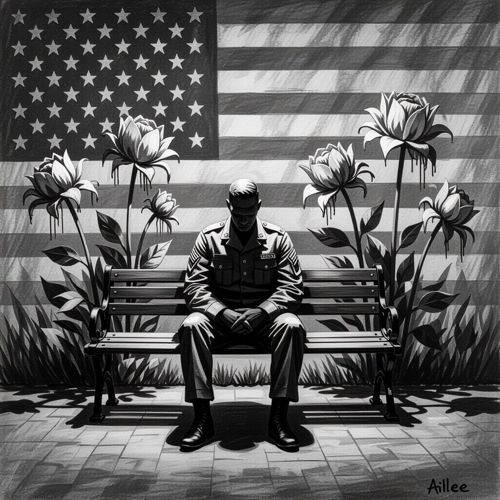 Solitary Soldier's Quiet Dignity in Stark Charcoal Art