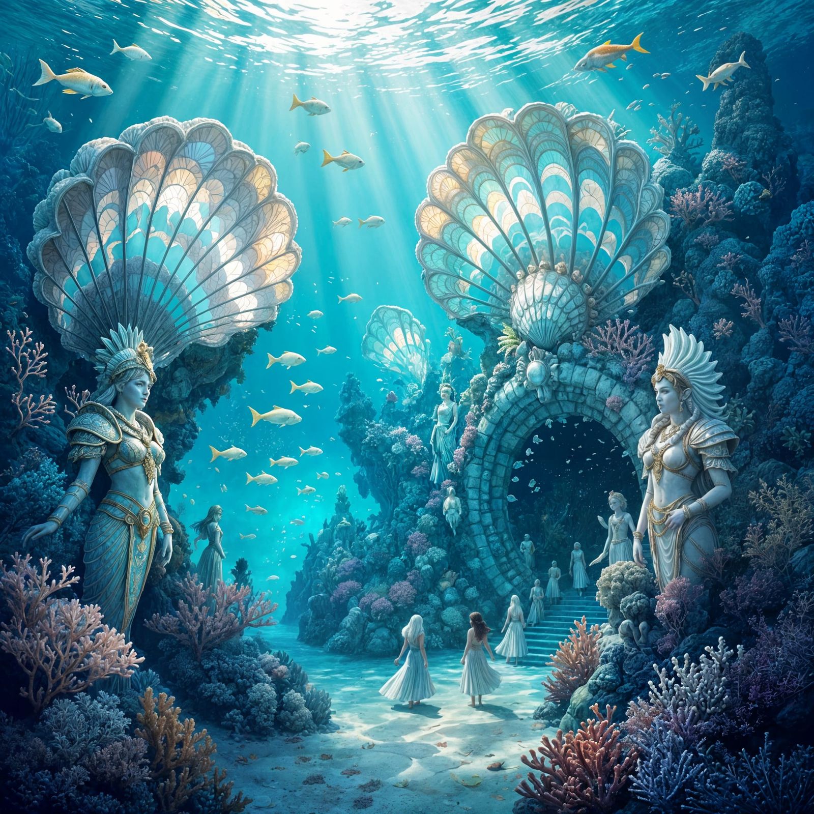 Underwater Seashell City With Merfolk in Art Nouveau Style