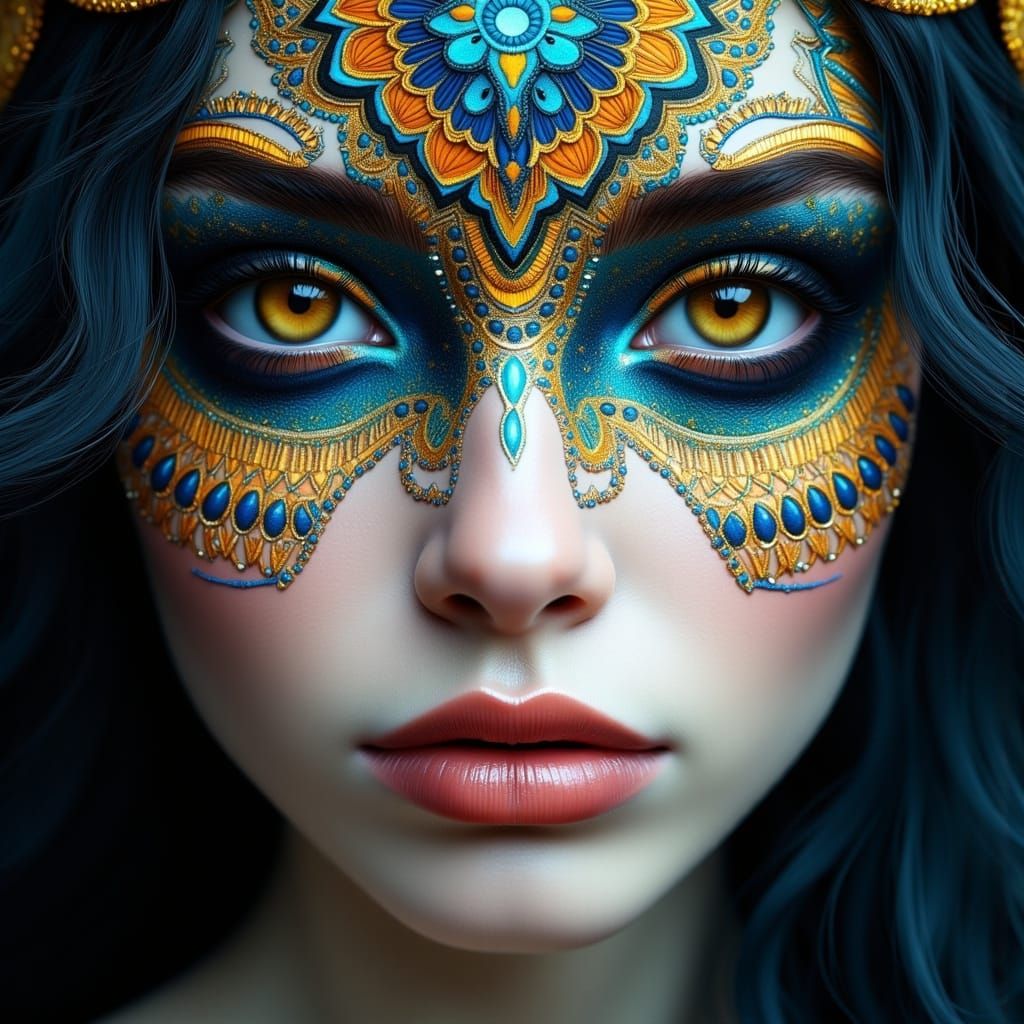 Ethereal Portrait in Vibrant Hues and Intricate Patterns