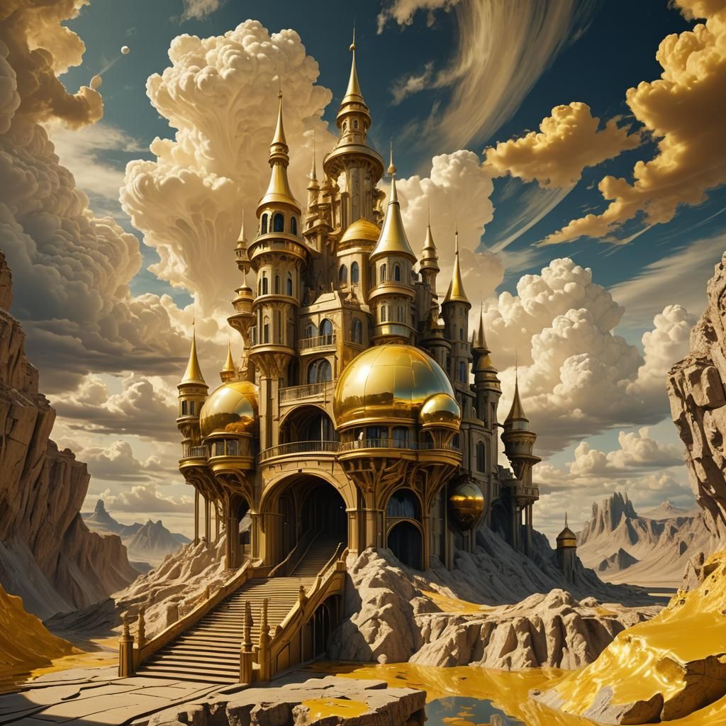 Venusian Castle with Golden Staircase in Retrofuturism