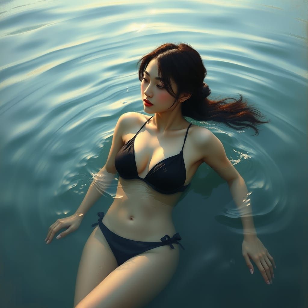 Chinese Woman Swimming in Ethereal Light