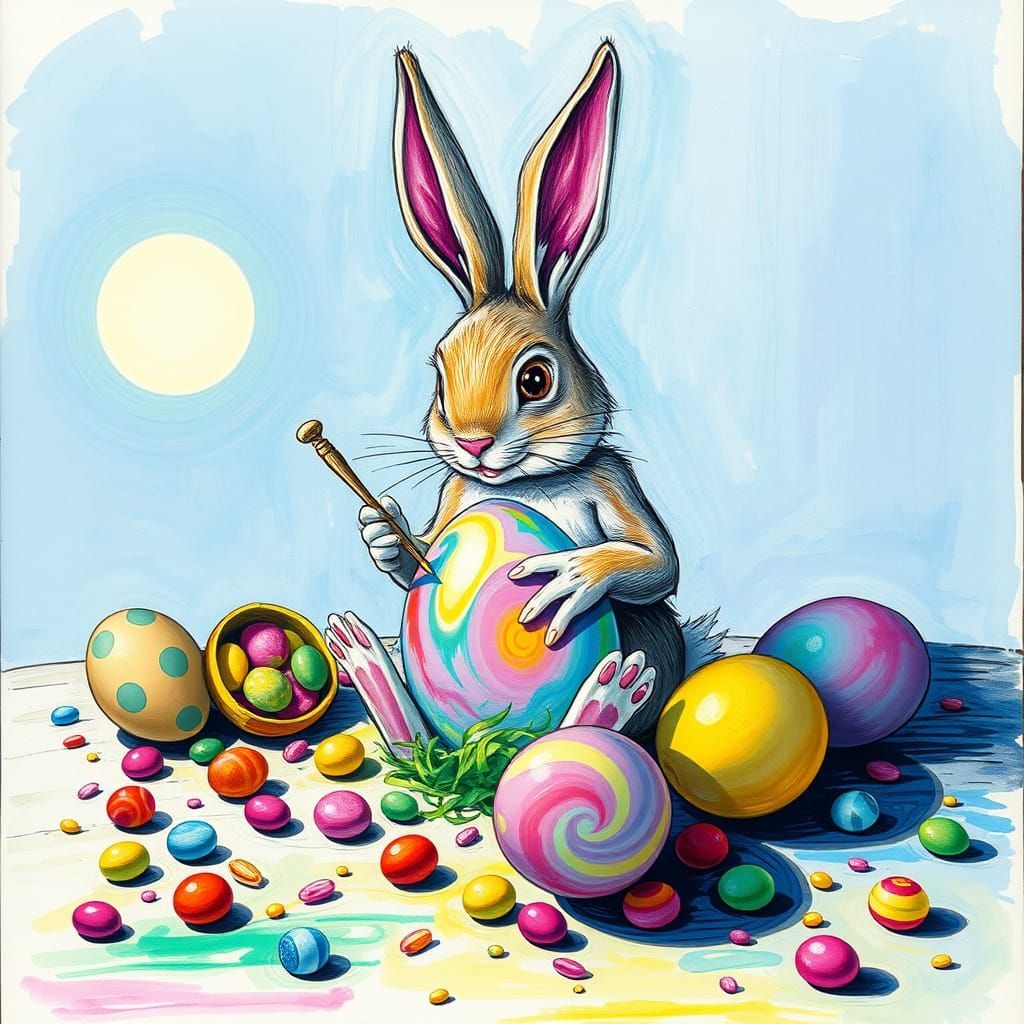 Surreal Easter Bunny Paints Eggs in Whimsical Dreamscape
