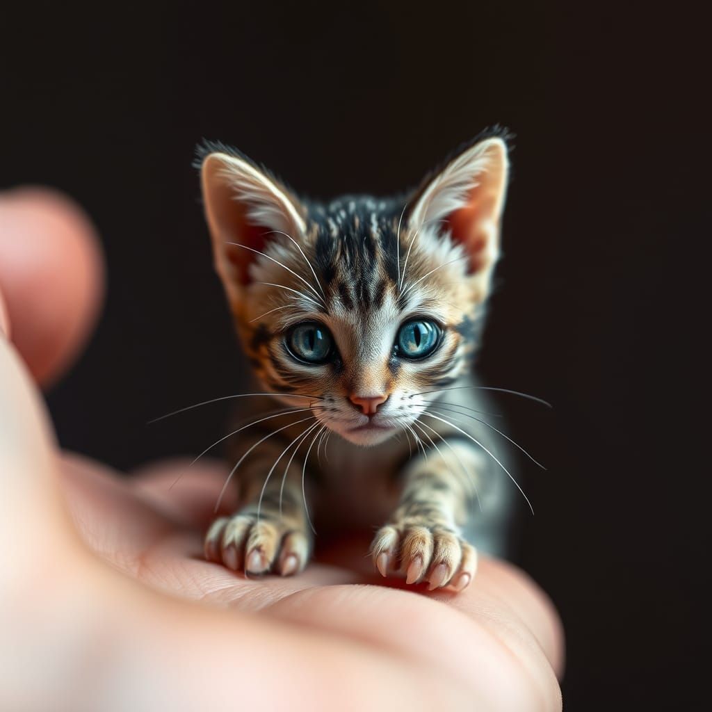 Hyperrealistic Miniature Cat on Hand, Close Up