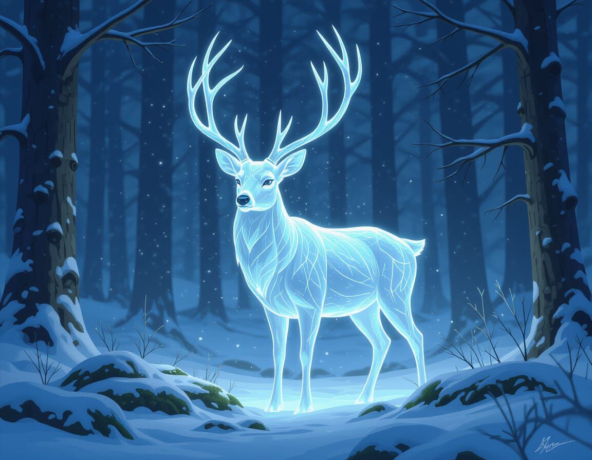 Crystalline Ice Deer in Mystical Forest