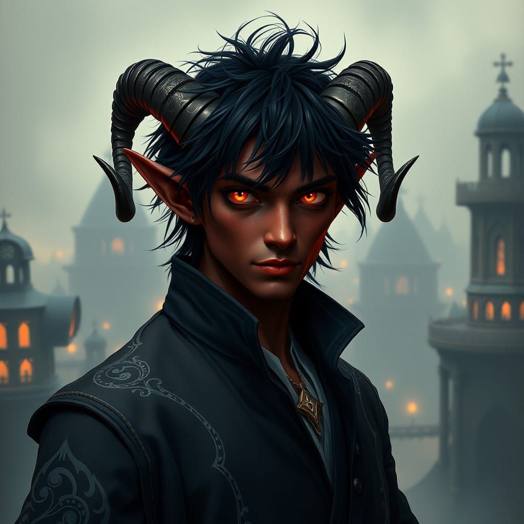 Mysterious Tiefling Bard in Elegant, Shimmering Attire