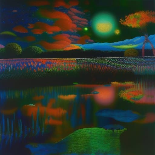 Eerie Garden Pond at Night in Colorfield Style