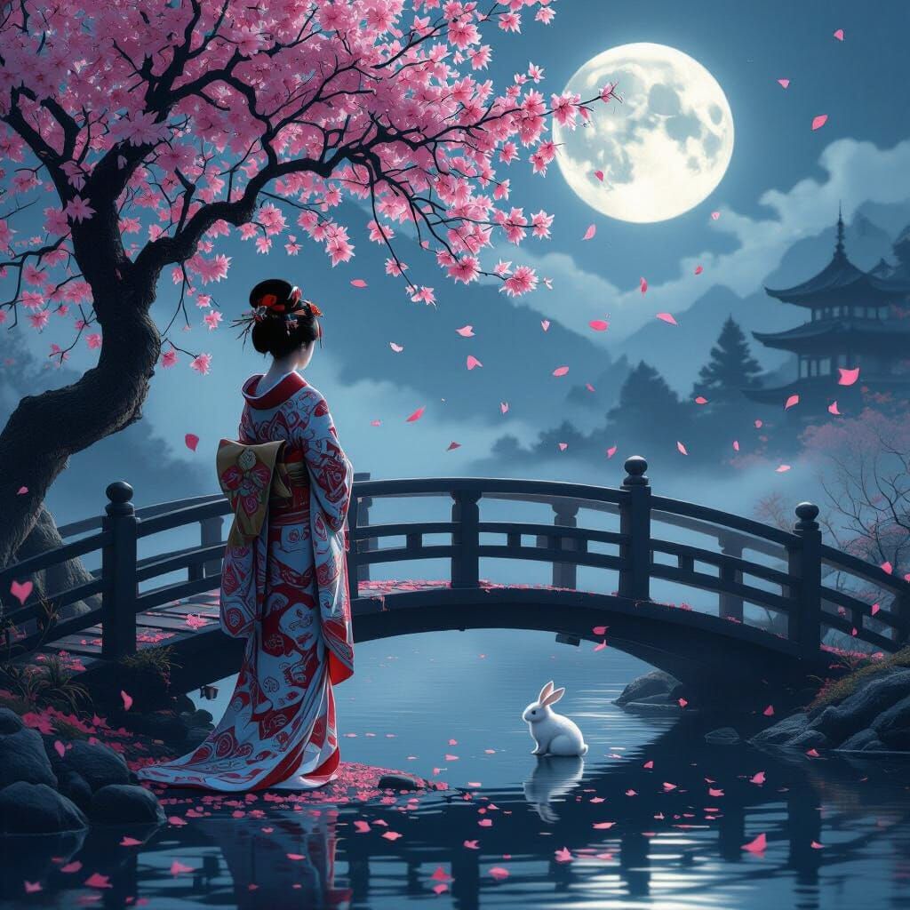 Geisha on Misty Bridge Under Full Moon