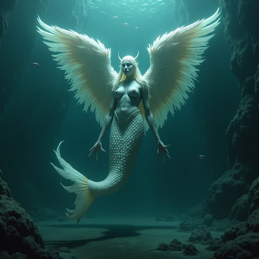 Ominous Mermaid Angel in Bioluminescent Deep Sea Cavern