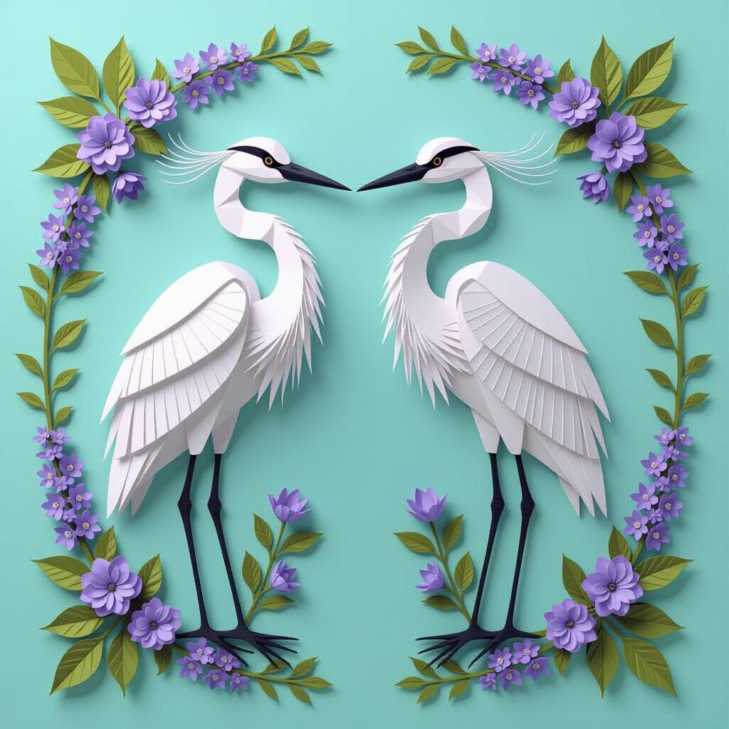 Art Nouveau Herons Amidst Lilacs in 3D Kirigami Style