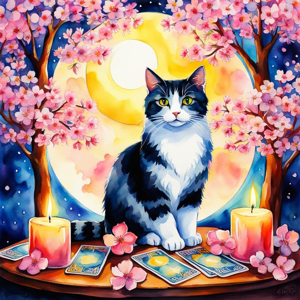 Watercolor Cat Tarot Card with Cherry Blossoms