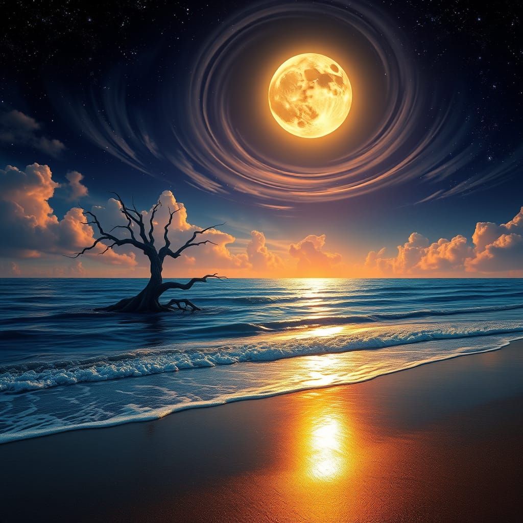 Dreamy Moonlit Beach Landscape with Celestial Showcase