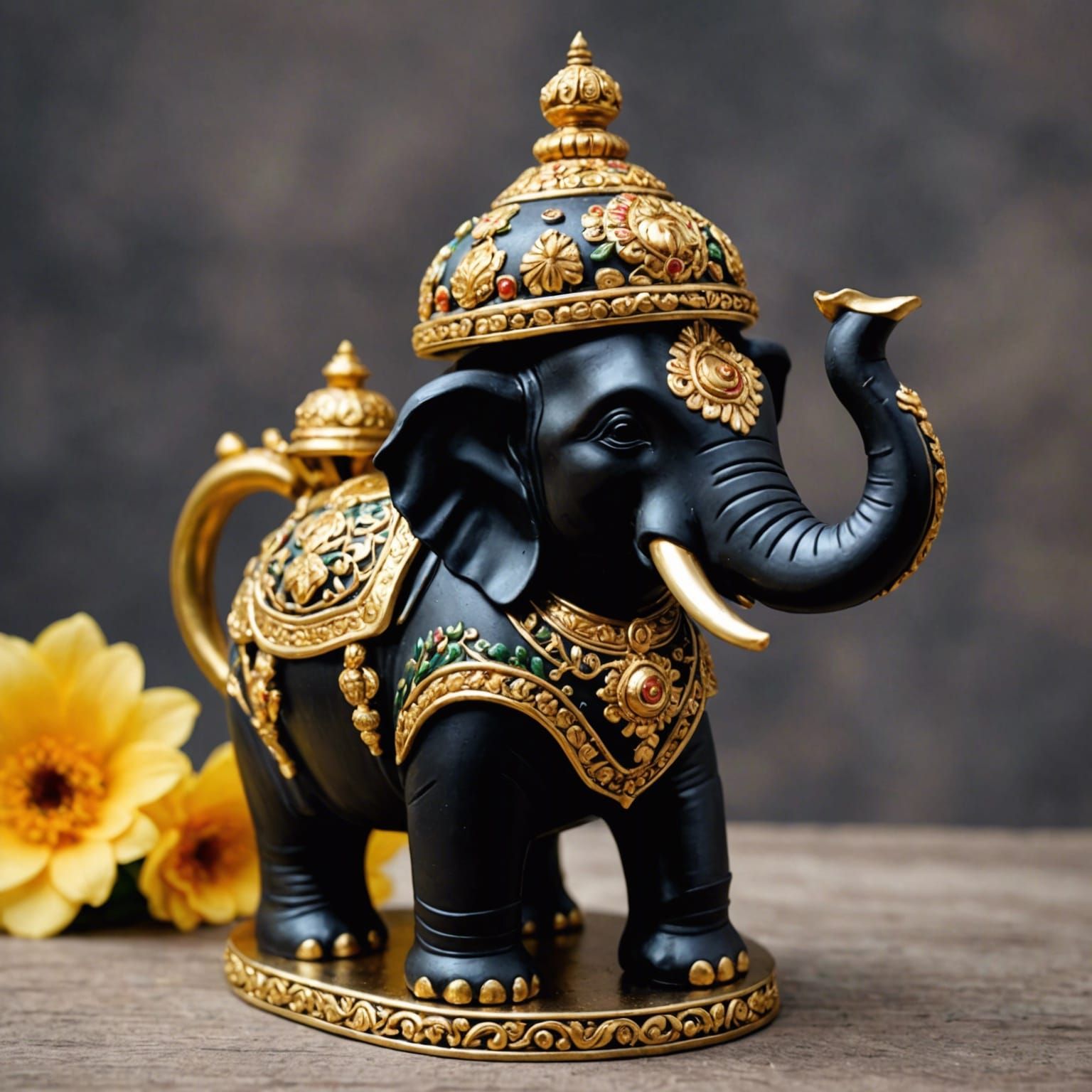 Ganesha Elephant Statue with Gold Lid and Flowers