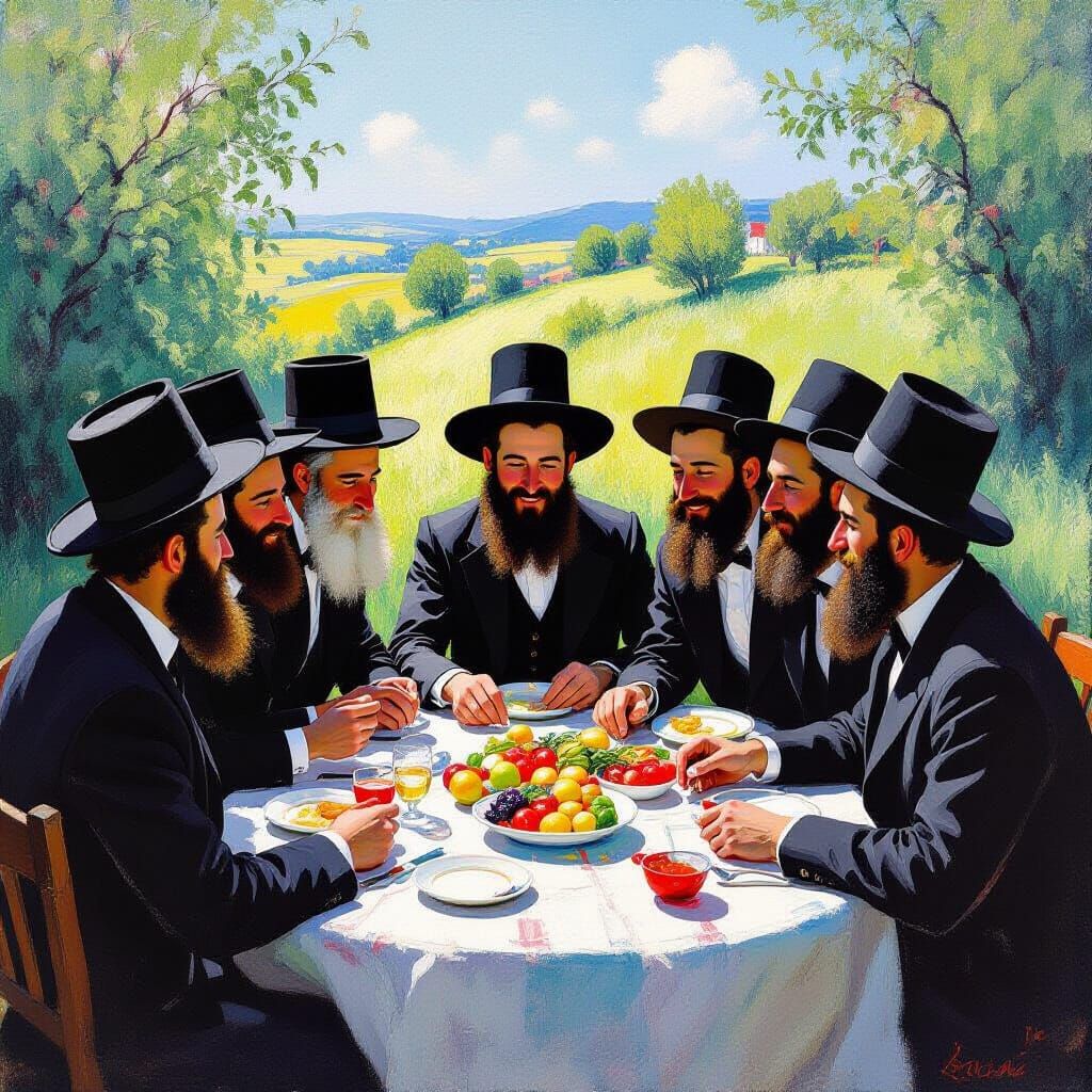 Hasidic Gathering in Chagall-Inspired Folk Art Style