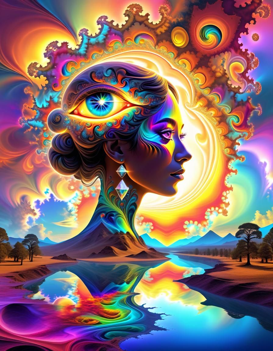 Psychedelic Landscape with Diamond-Eyed Girl, Hallucinogenic...