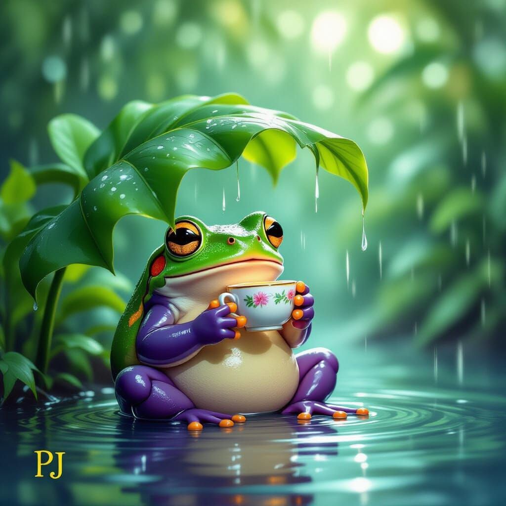 Frog Sipping Tea During Rainstorm in Jungle