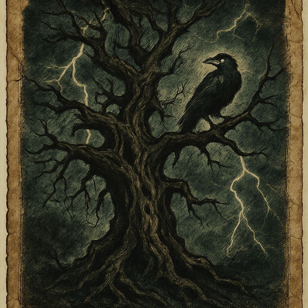Ancient Gnarled Tree in Stormy Sky Illustration