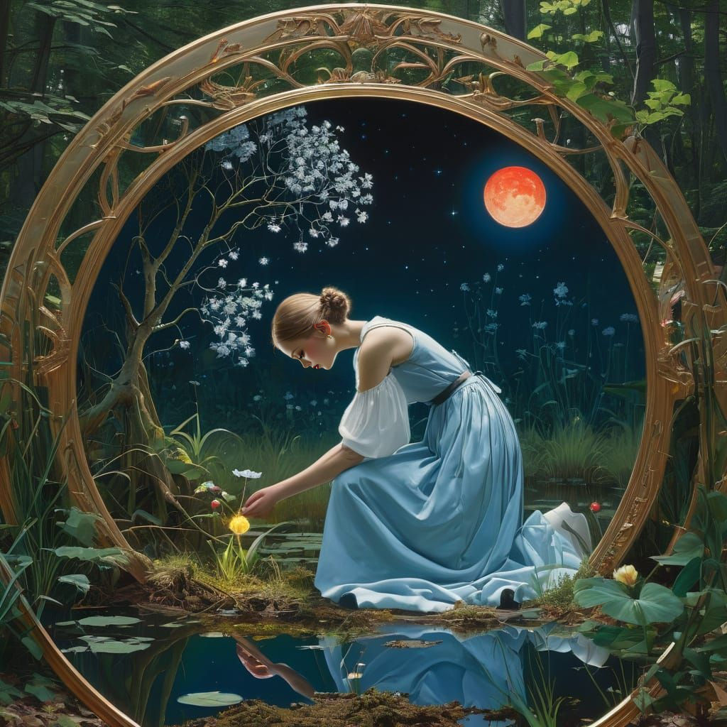 Dreamlike Cosmic Woman Gazes at Forest Pond Reflection