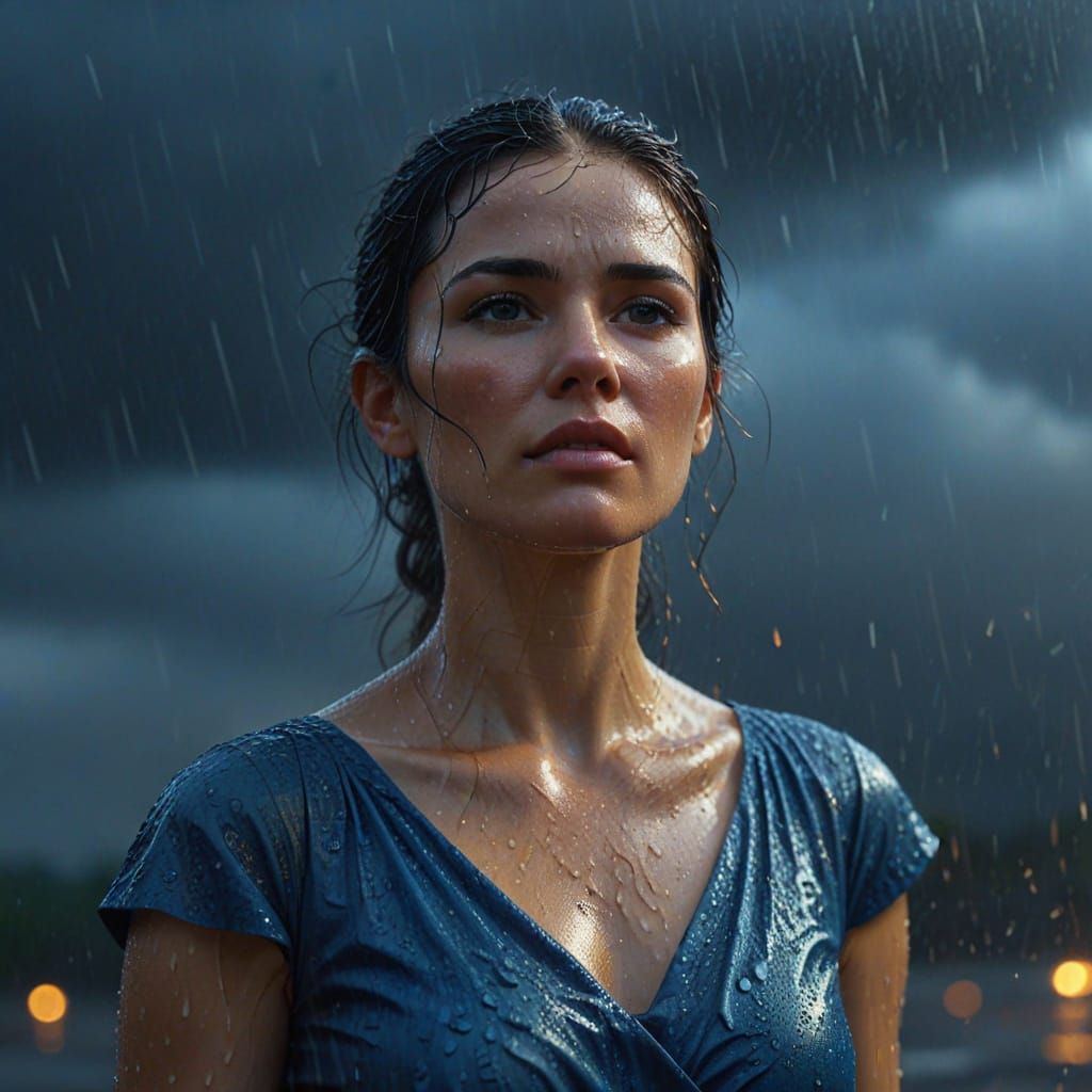 Woman in Blue Dress in Rain, Oil Painting