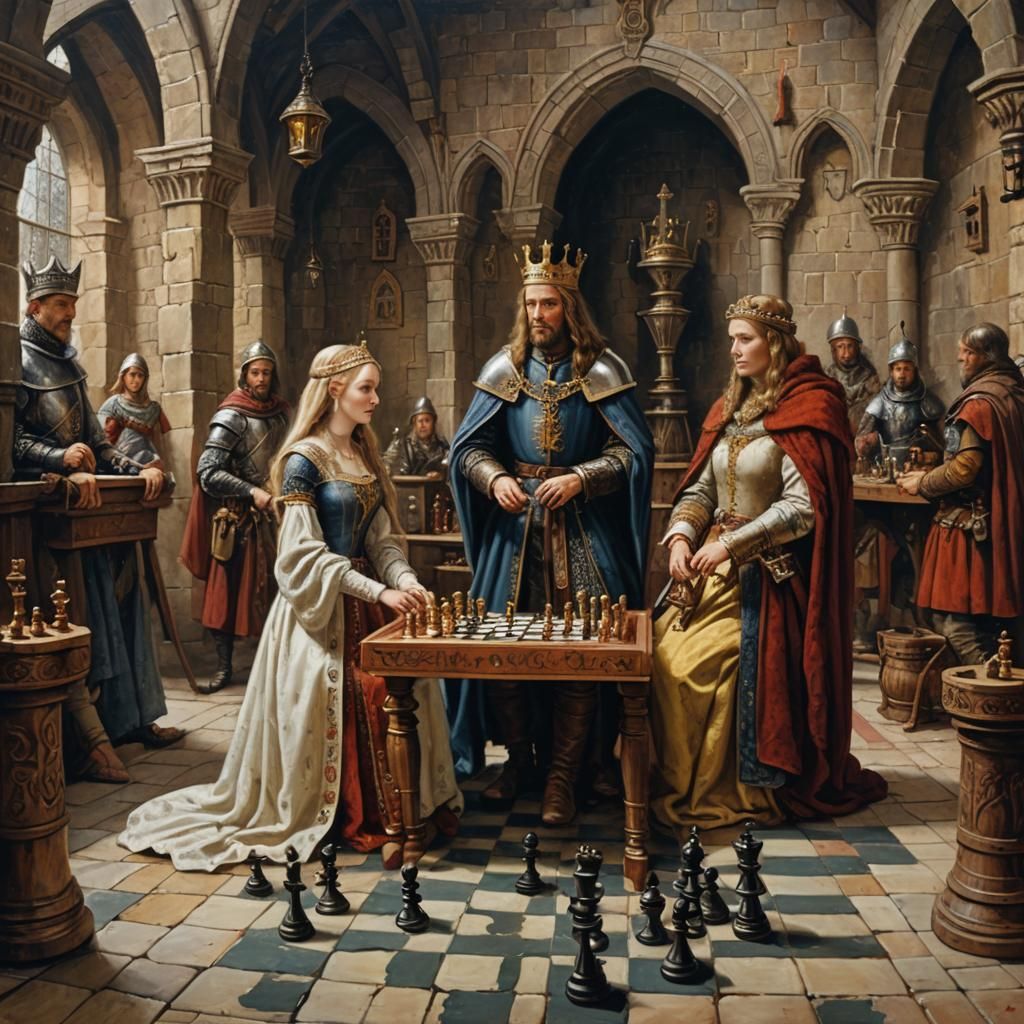 Medieval King and Queen Play Chess as Oil Painting
