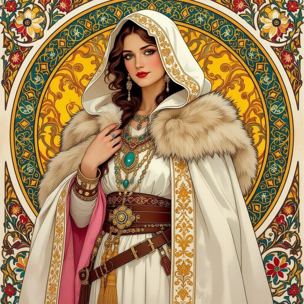 Romanian Queen in Silk and Fur, Art Nouveau Style