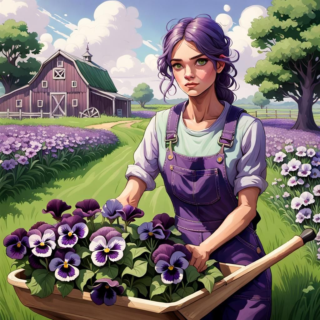 Farm Girl with Pansies: Hyperdetailed Digital Portrait