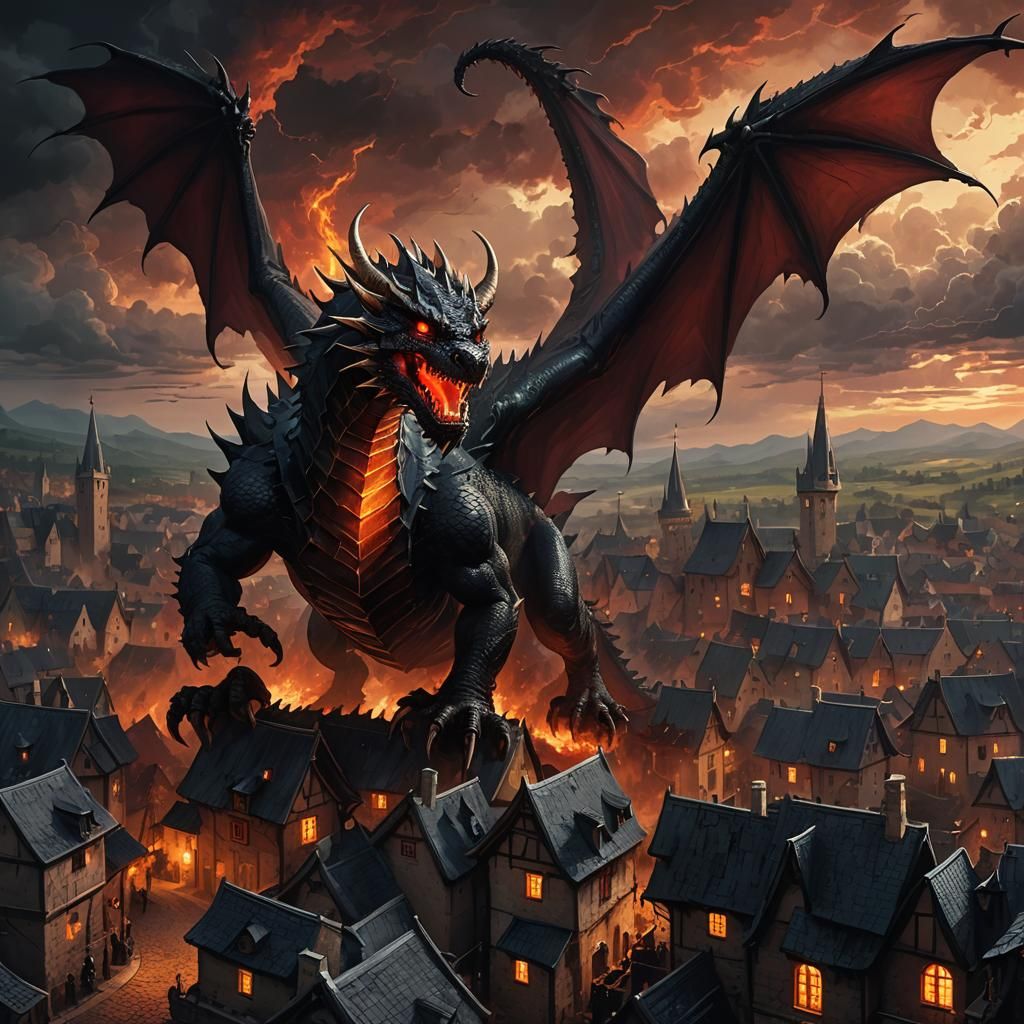 Colossal Dragon Looms Over Village in Dark Fantasy Art