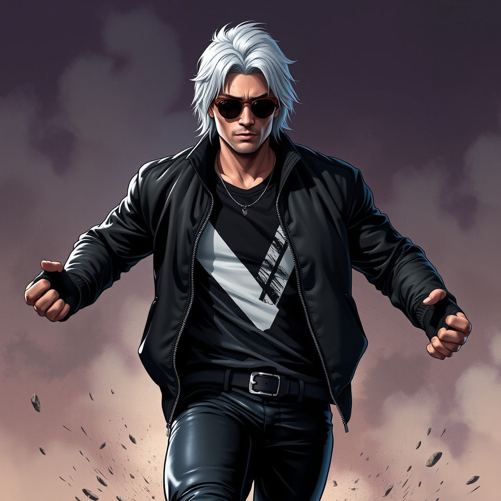 Heroic Silver-Haired Figure in Comic Book Style
