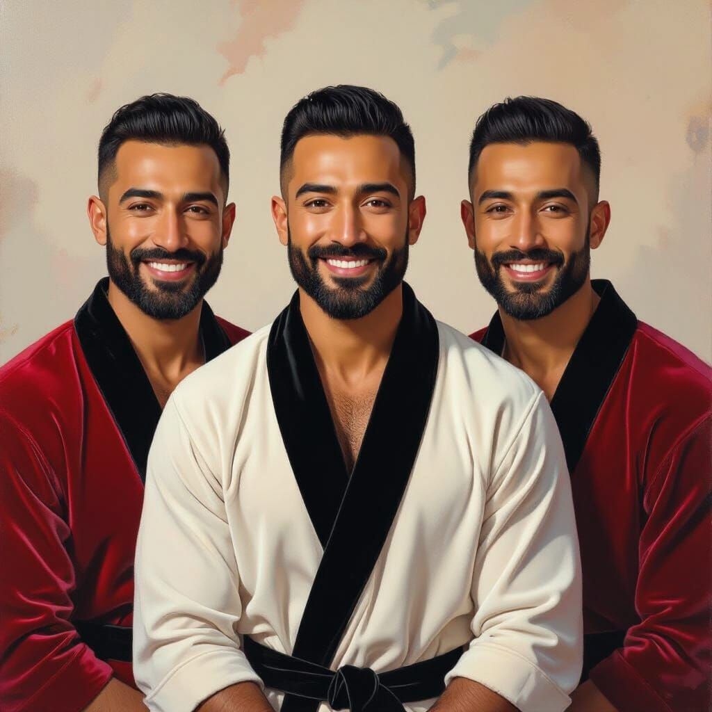 Three Handsome Men in Velvet Bathrobes - Impressionist Oil P...