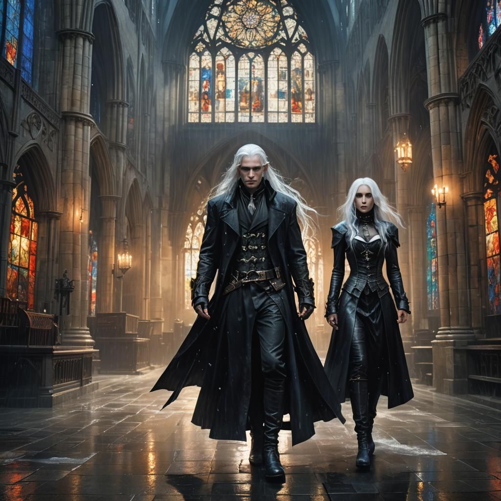 Gothic Cathedral Fantasy Art: Woman and Elf in Rain