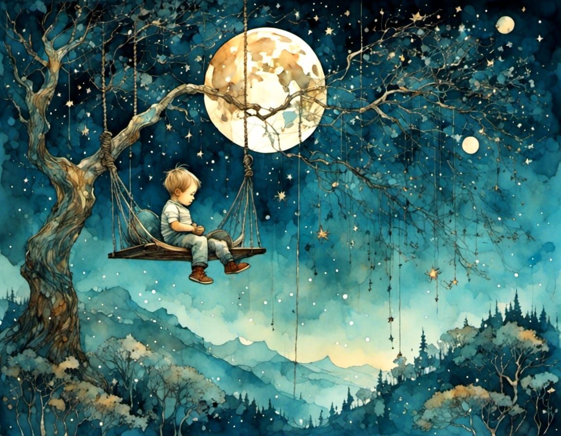 Baby boy sitting on the swing looks at the waning moon and t...