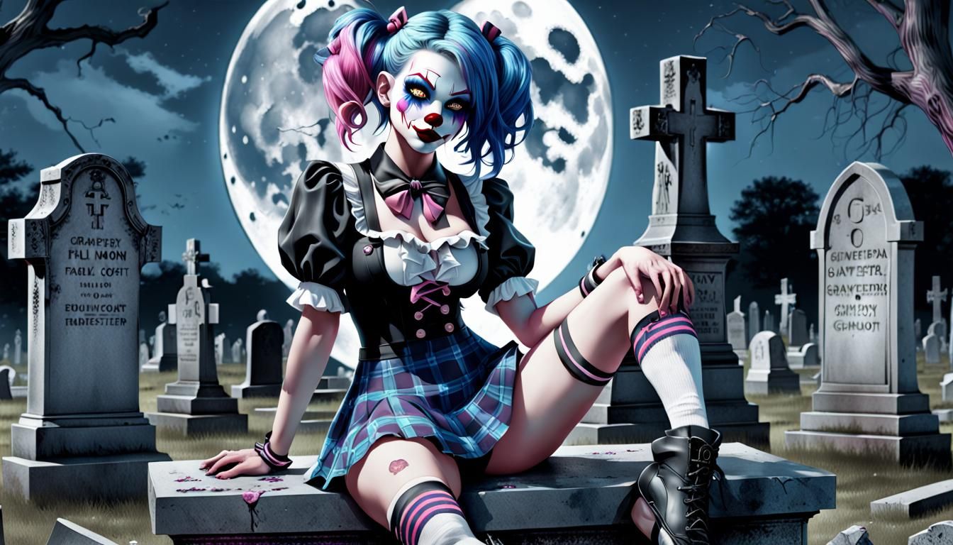Hyperrealistic Evil Clown Girl in Graveyard Art