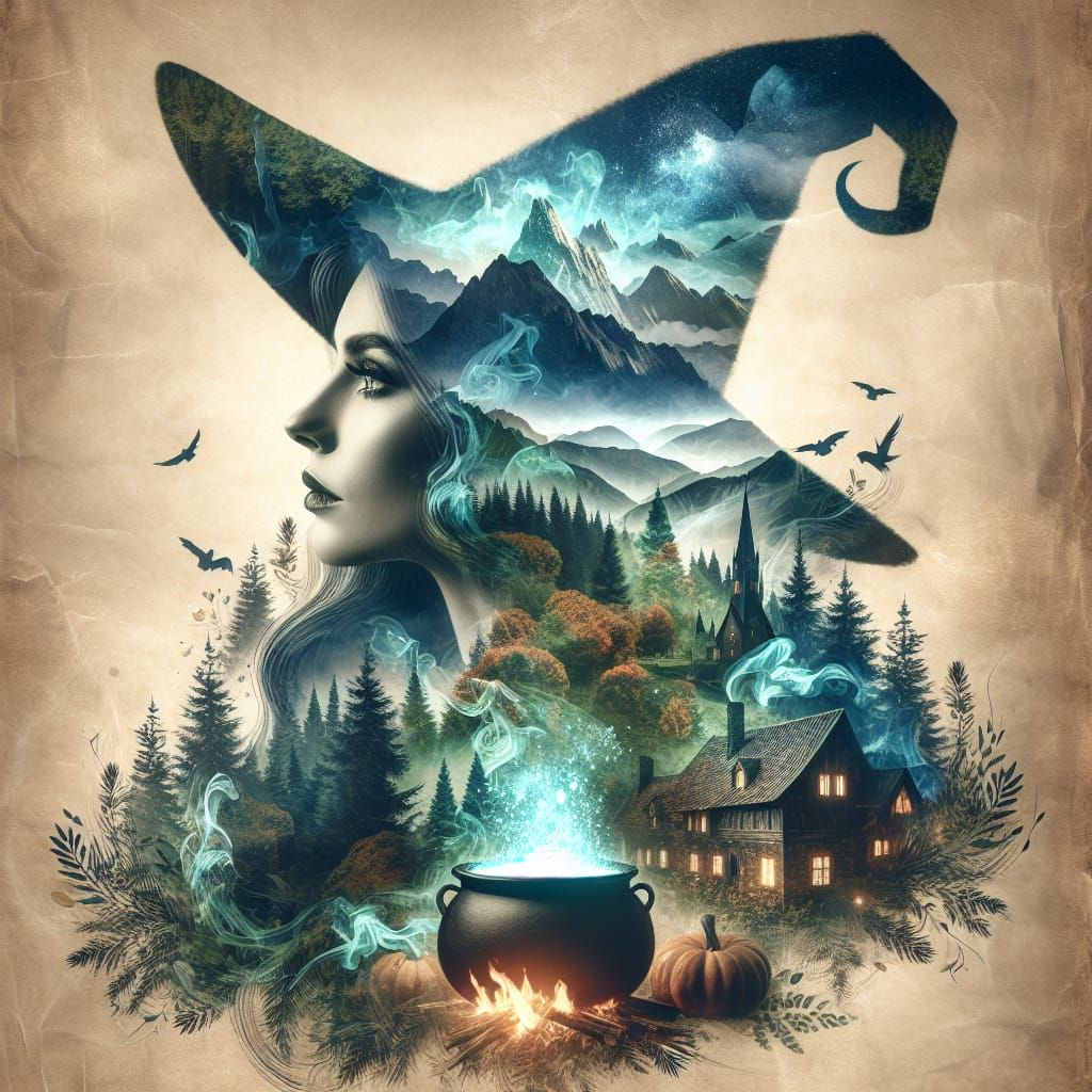 Witch Double Exposure: Mountains, Forest, and Cottage