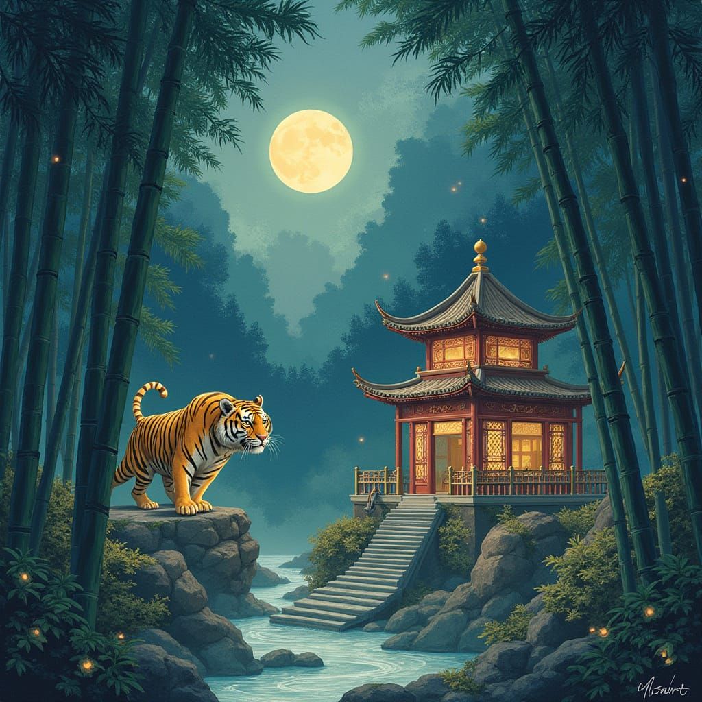 Mystical Tiger Guarding Ancient Temple in Forest