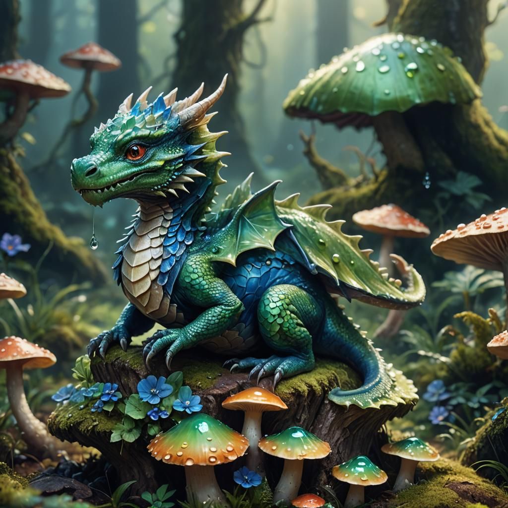 Tiny Dragon on Mushroom: Fantasy Macro Art