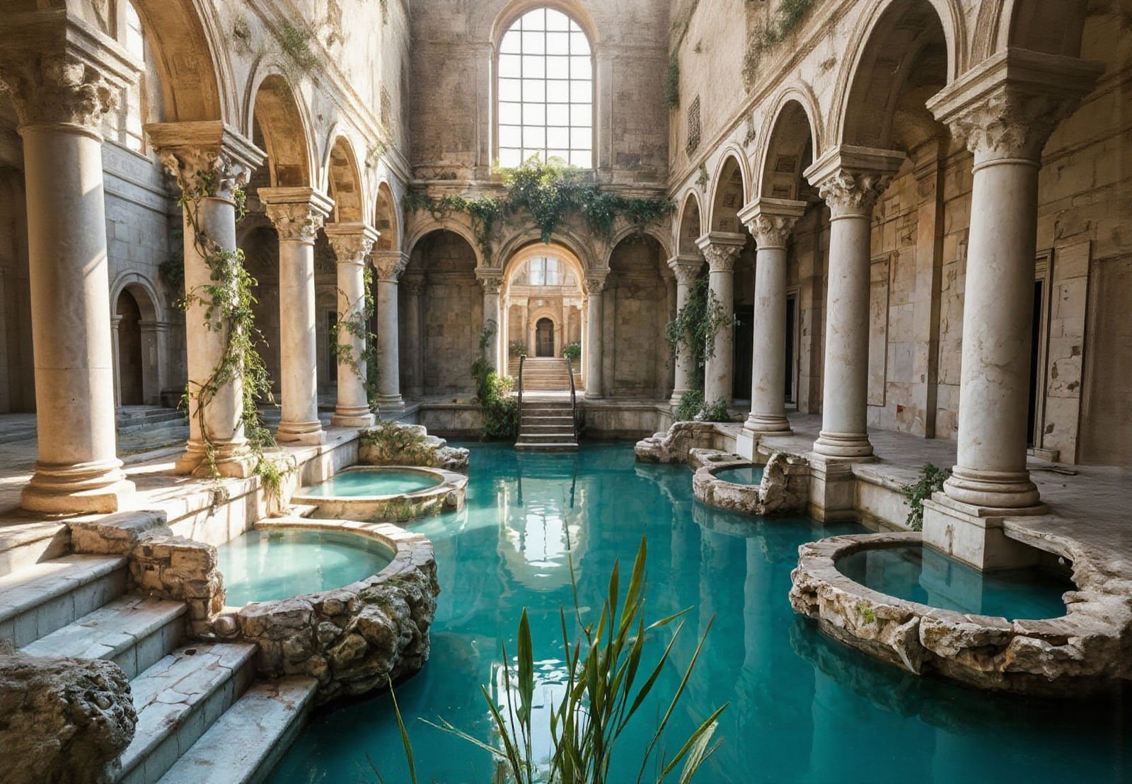 Abandoned Temple Pools in Pointillism Style