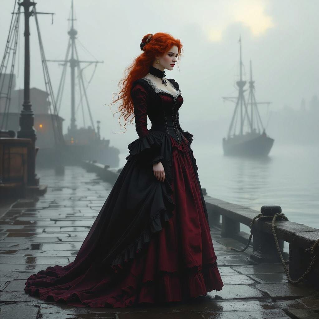 Victorian Woman on London Docks in Pre-Raphaelite Style