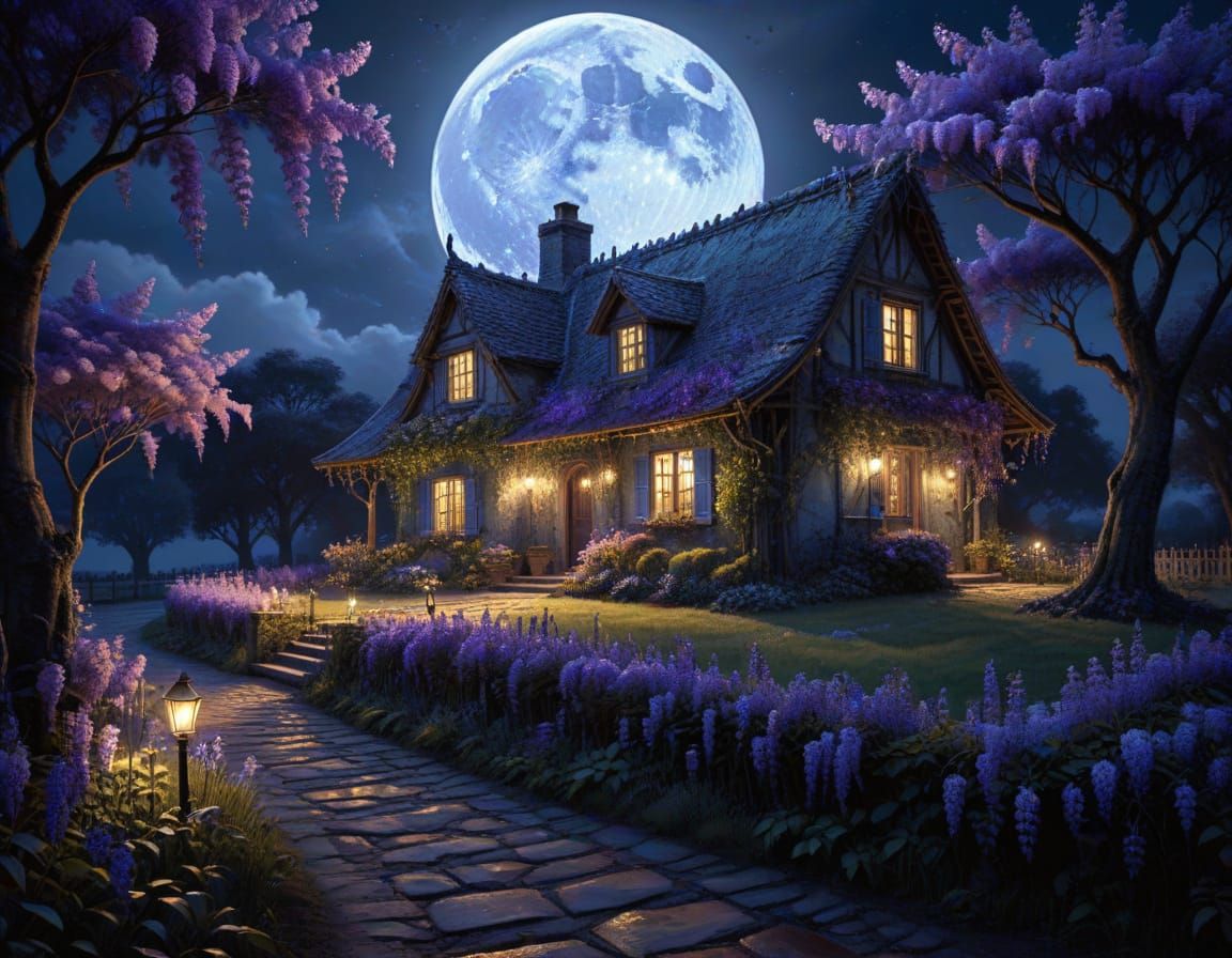 Cozy Cottage Under Full Moon in Bloom