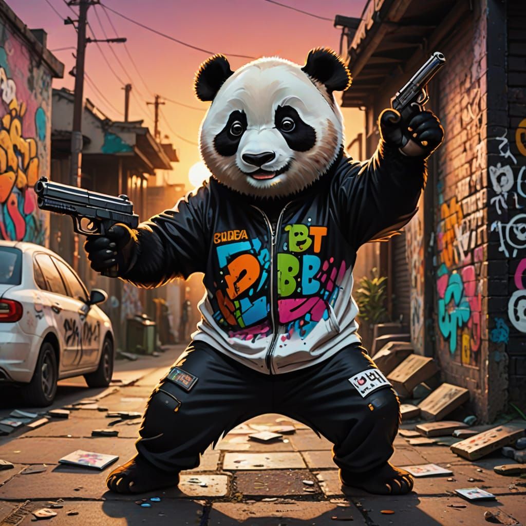 Vibrant Panda in Action-Packed Street Art Scene