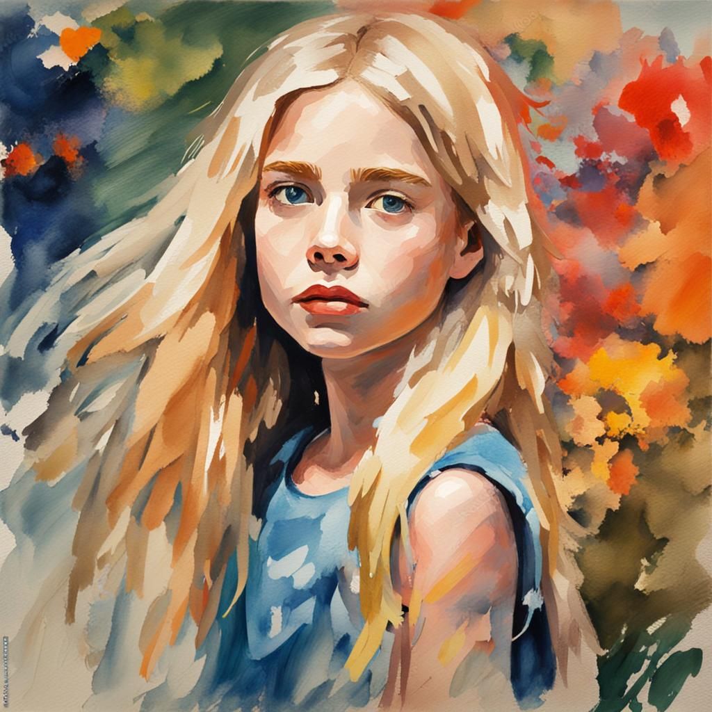 Blonde Girl Portrait in Gouache Watercolor Style