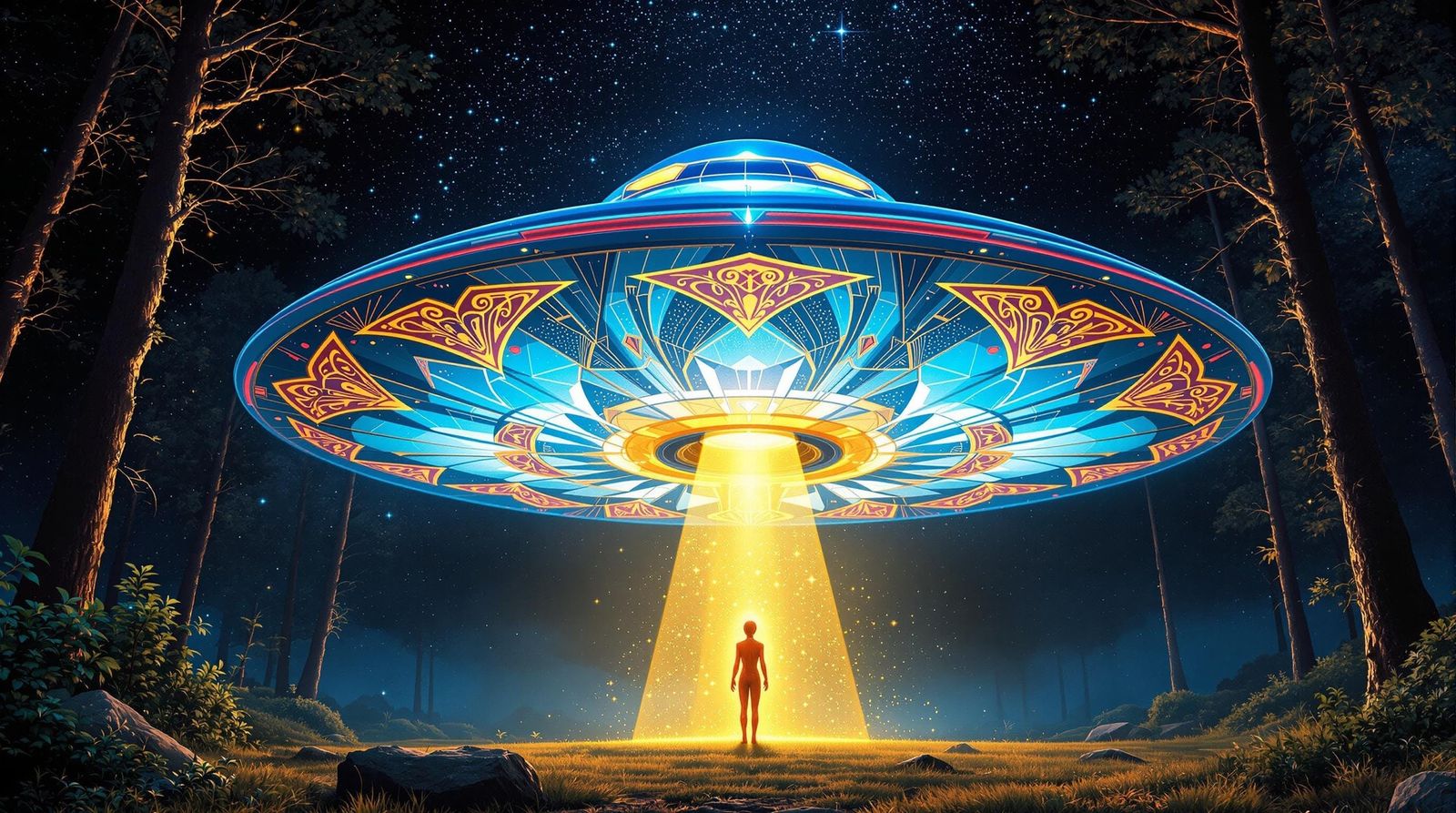 Glowing UFO in a Futuristic Forest Clearing