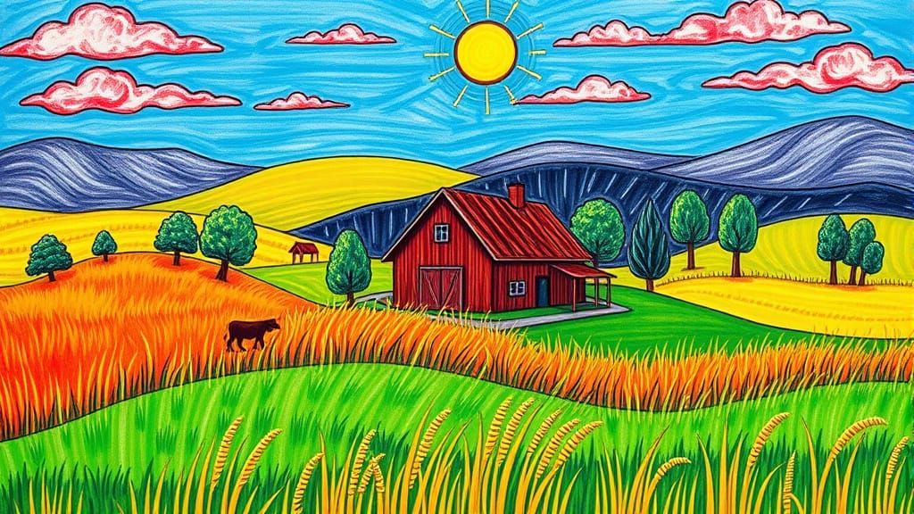Colorful Farmhouse in Childlike Crayon Style