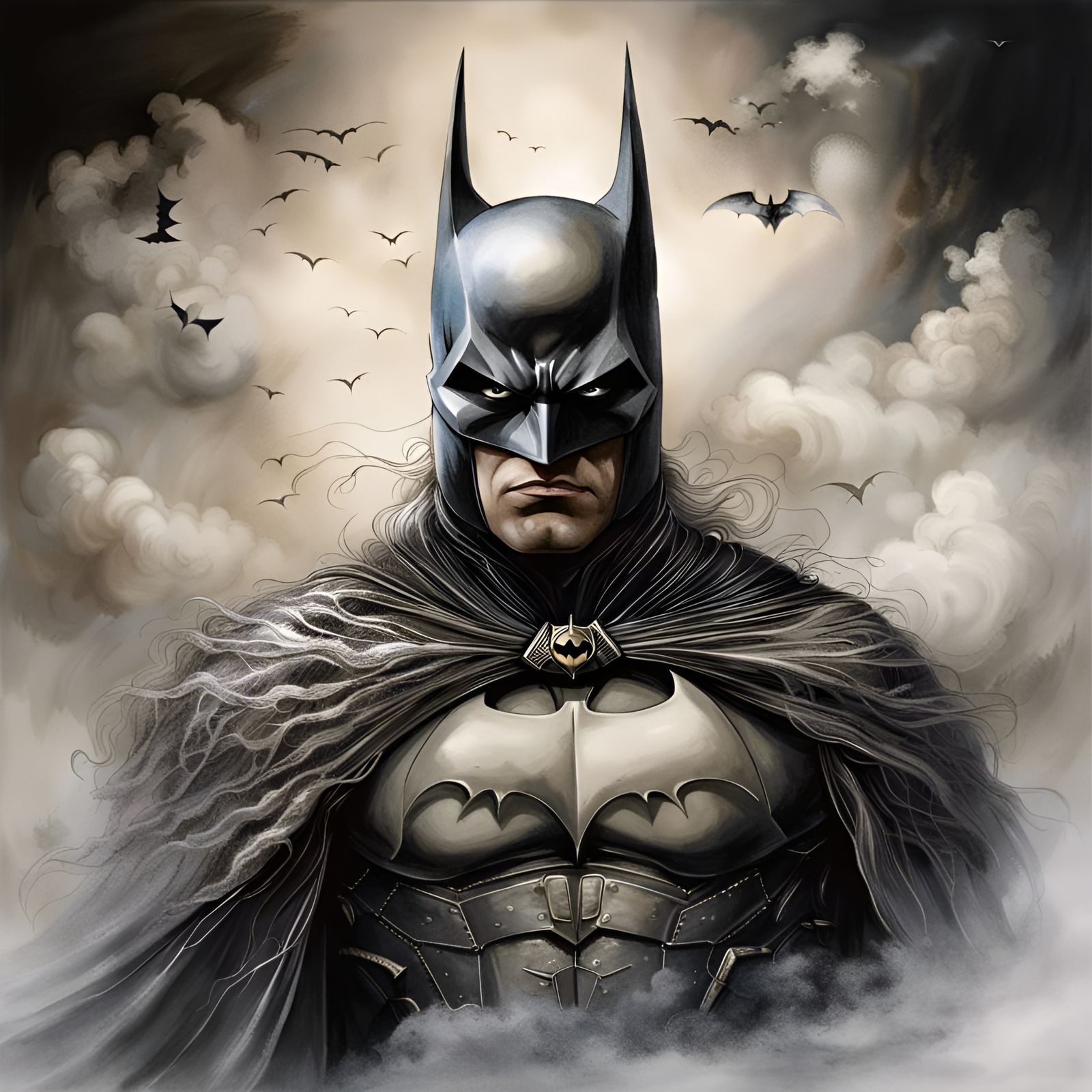 Renaissance Batman Portrait with Clouds, Fantasy Art