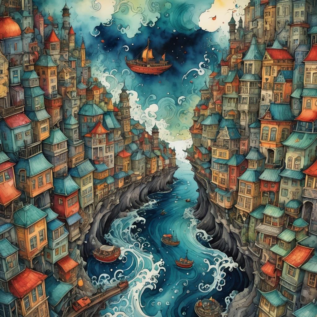 Ocean and Cityscape in Watercolor and Ink